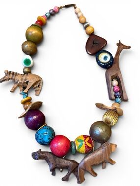 Vintage Safari Protection Multicolor Necklace | Hand-Carved Wood & Evil Eye